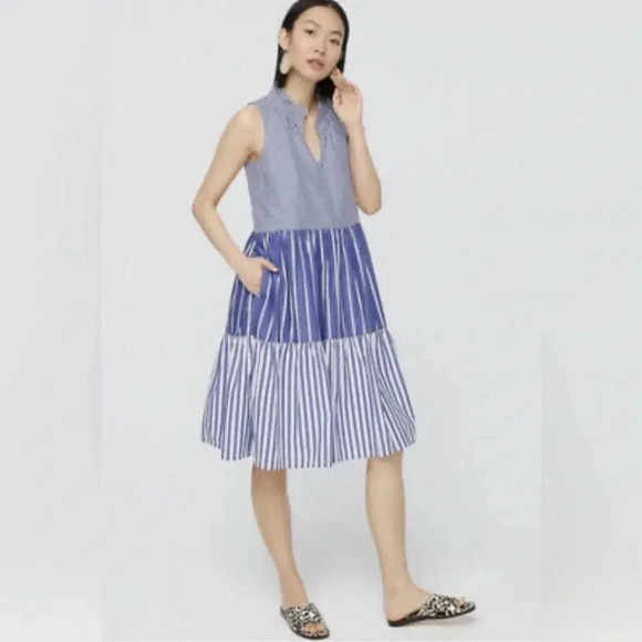 J.Crew Striped Tiered Dress Sleeveless V Neck Nautical Beachy Casual Vacation XS - Picture 1 of 5